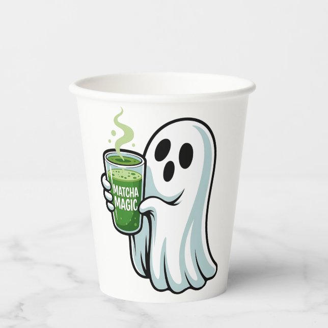 Spooky Halloween Ghost Drinking Matcha Drink  Paper Cups (Front)