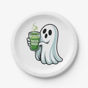 Spooky Halloween Ghost Drinking Matcha Drink  Paper Plate