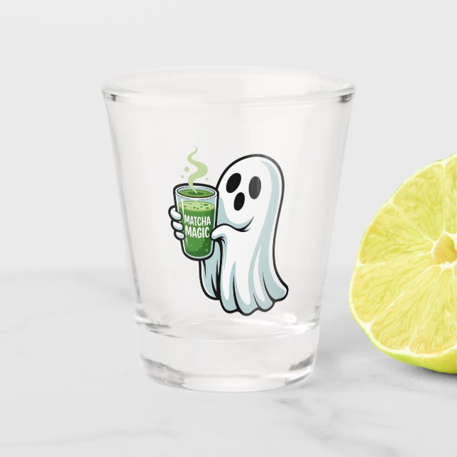 Spooky Halloween Ghost Drinking Matcha Drink  Shot Glass (Front)