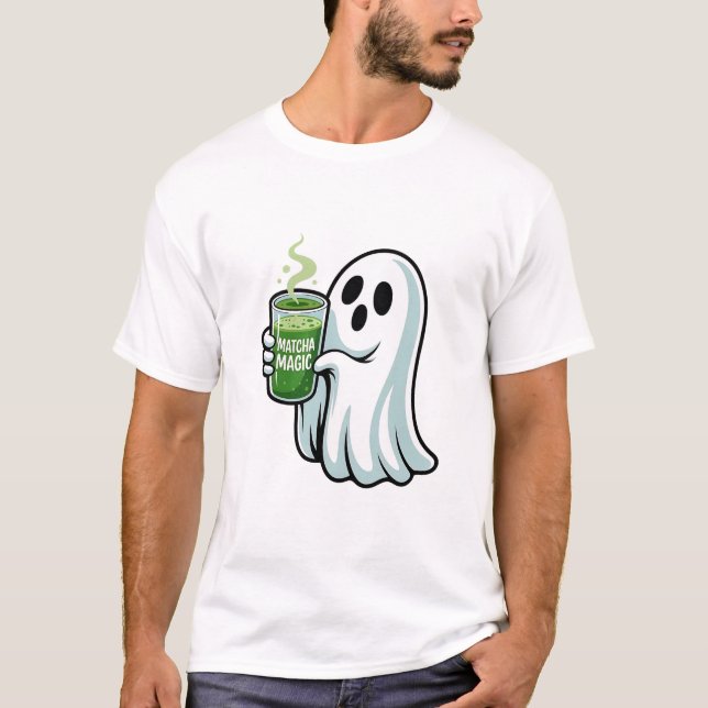 Spooky Halloween Ghost Drinking Matcha Drink  T-Shirt (Front)
