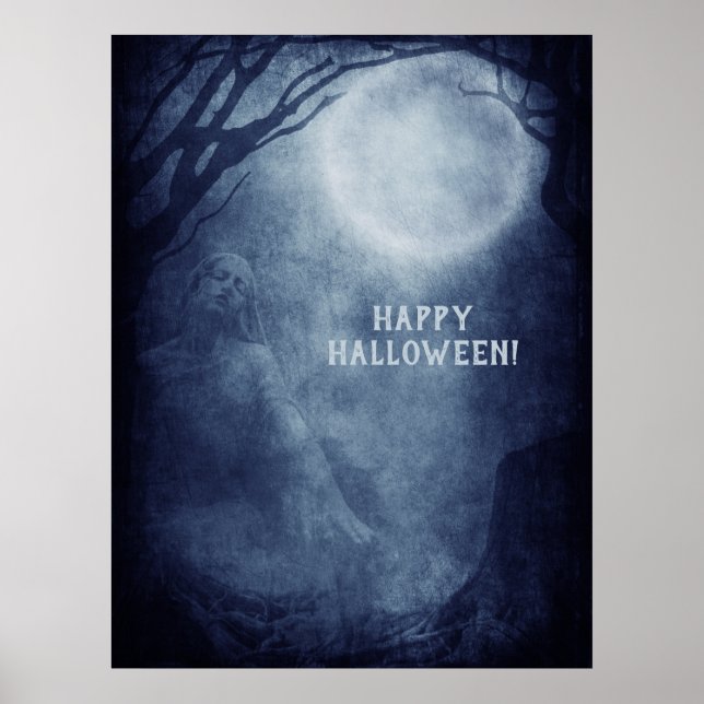 Spooky Halloween Ghost Full Moon at Night Poster (Front)