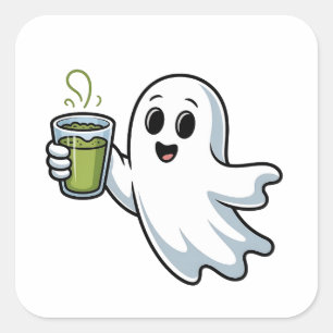 Spooky Halloween Ghost Holding Matcha  Square Sticker