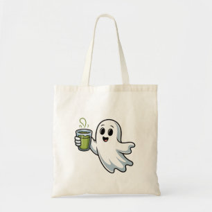 Spooky Halloween Ghost Holding Matcha Tote Bag