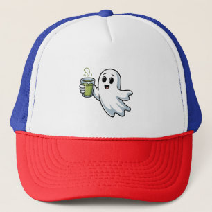 Spooky Halloween Ghost Holding Matcha Trucker Hat