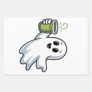 Spooky Halloween Ghost Holding Matcha  Wrapping Paper Sheet