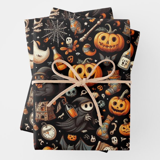 Spooky Halloween Ghost Pattern Black  Wrapping Paper Sheet (In situ)