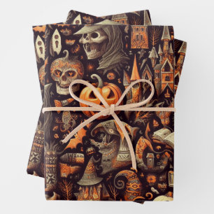 Spooky Halloween Ghost Pattern Black Wrapping Paper Sheet