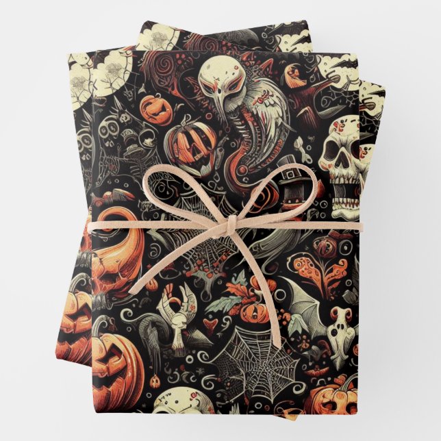 Spooky Halloween Ghost Pattern Black Wrapping Paper Sheet (In situ)