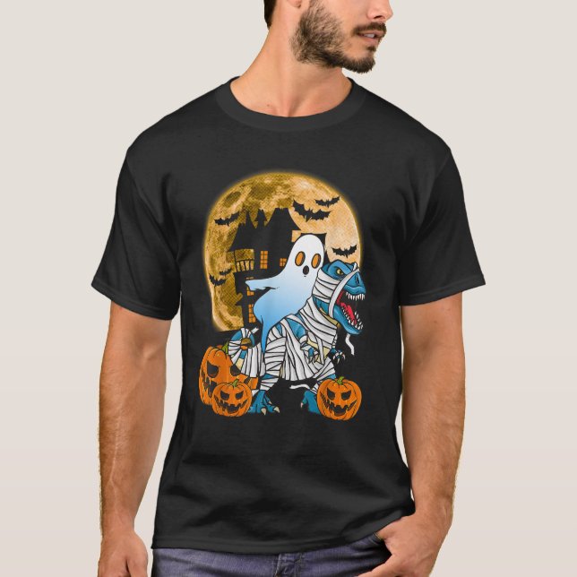 Spooky Halloween Ghost Riding Dinosaur Haunted Hou T-Shirt (Front)