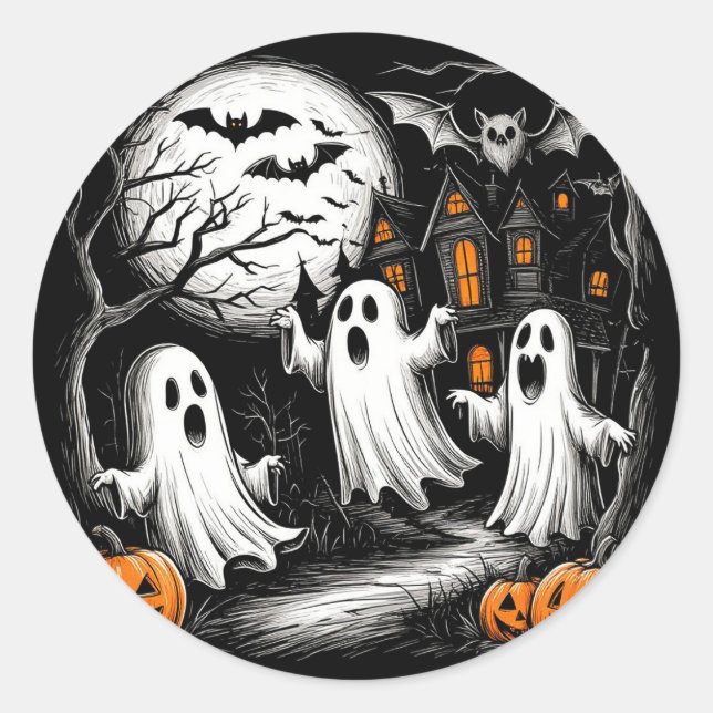 Spooky Halloween Ghost Scene Classic Round Sticker (Front)
