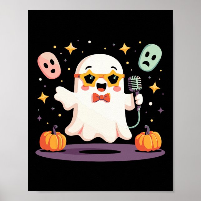 Spooky Halloween Ghost Singer Star With Microphone Poster (Front)