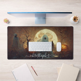 Spooky Halloween Ghost with Pumpkins Halloween Desk Mat