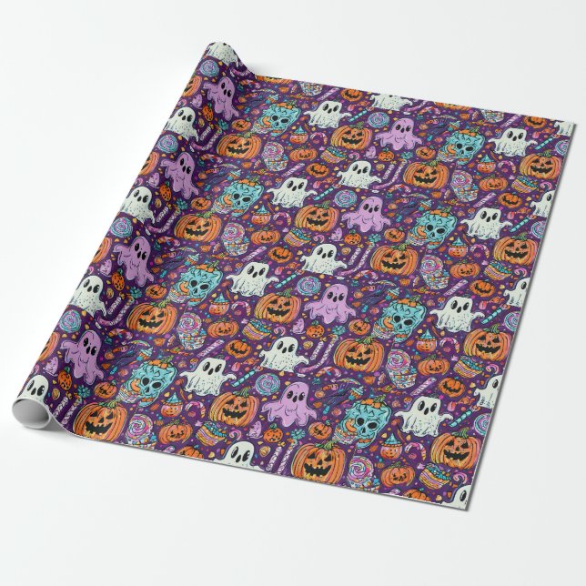 Spooky Halloween Ghosts and Pumpkin Wrapping Paper (Unrolled)