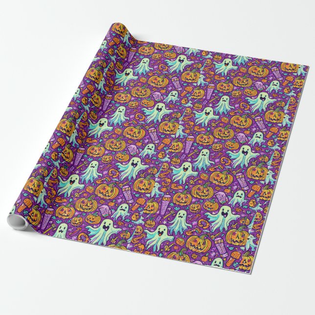 Spooky Halloween Ghosts and Pumpkin Wrapping Paper (Unrolled)