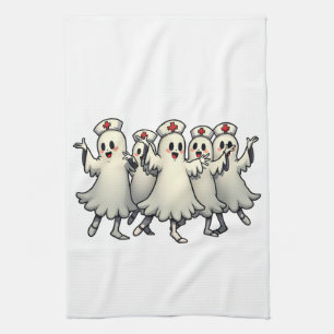 Spooky Halloween Ghosts in Nurse Suits Tea Towel
