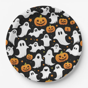 Spooky Halloween Ghosts & Pumpkins Black Party  Paper Plate
