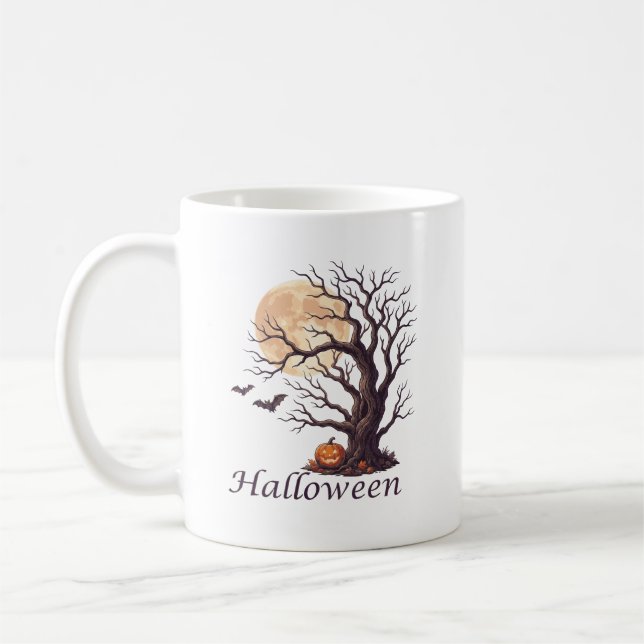 Spooky Halloween Gnarled Tree Jack-o'-Lantern Coffee Mug (Left)