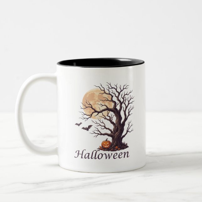 Spooky Halloween Gnarled Tree Jack-o'-Lantern Two-Tone Coffee Mug (Left)