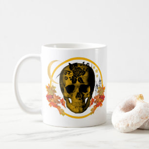 Spooky Halloween golden Skull with black Rose Coffee Mug