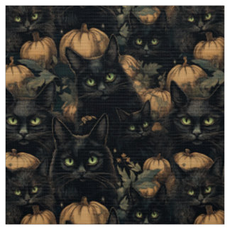 Spooky halloween gothic black cat and pumpkin fabric