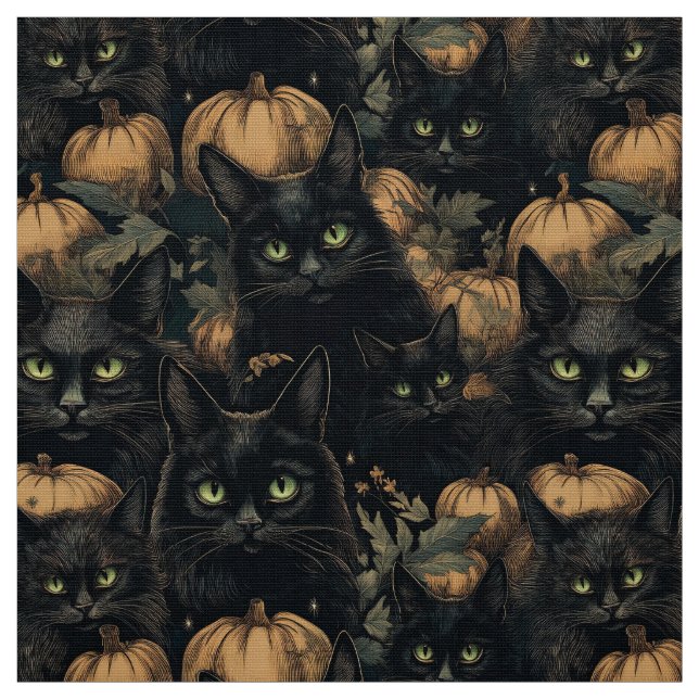 Spooky halloween gothic black cat and pumpkin fabric (Swatch)