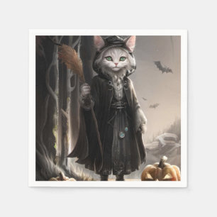Spooky Halloween Gothic Cat in Misty Forest Design Napkin