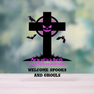 Spooky Halloween Graveyard Cross Acrylic Sign