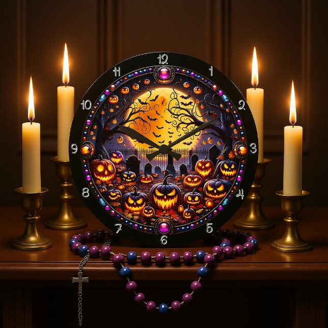 Spooky Halloween Graveyard Jack-o'-Lanterns Large Clock (Creator Uploaded)