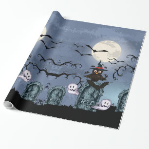 Spooky Halloween Graveyard With Owl In A Fool Moon Wrapping Paper