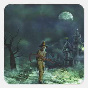 Spooky Halloween Grim Reaper and Haunted House Square Sticker