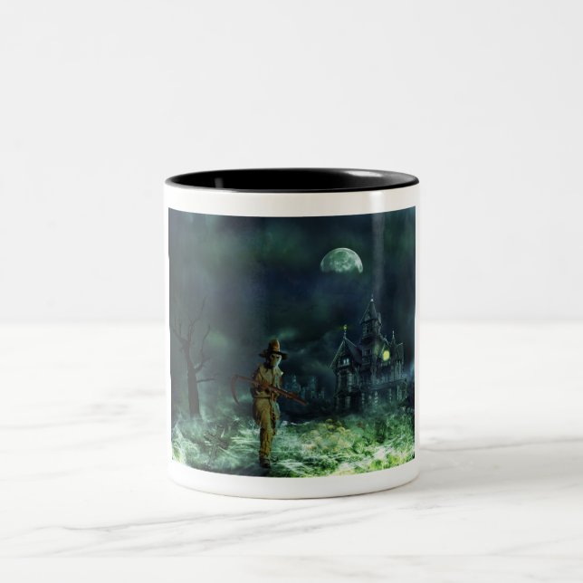 Spooky Halloween Grim Reaper and Haunted House Two-Tone Coffee Mug (Center)