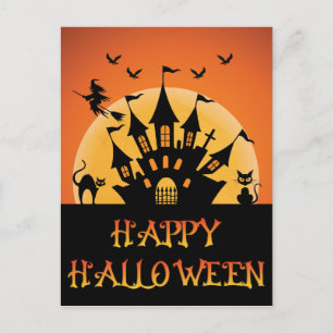 Spooky Halloween Haunted House Cat Witch Bat Postcard