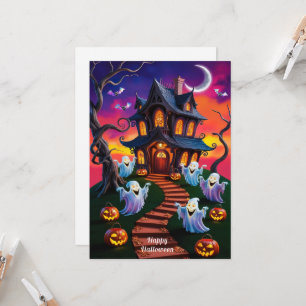 Spooky Halloween Haunted House Illustration Card