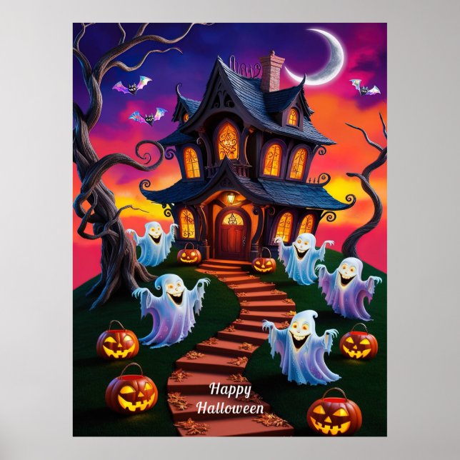 Spooky Halloween Haunted House Illustration Poster (Front)