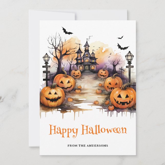Spooky Halloween Haunted House Pumpkins Card (Front)