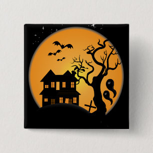 spooky halloween haunted house scene vector 15 cm square badge