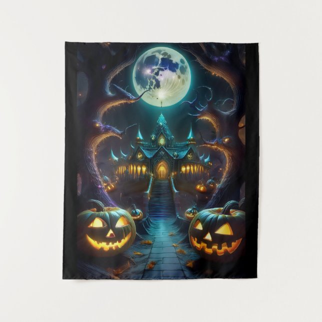 Spooky Halloween Haunted House Tapestry (Front)