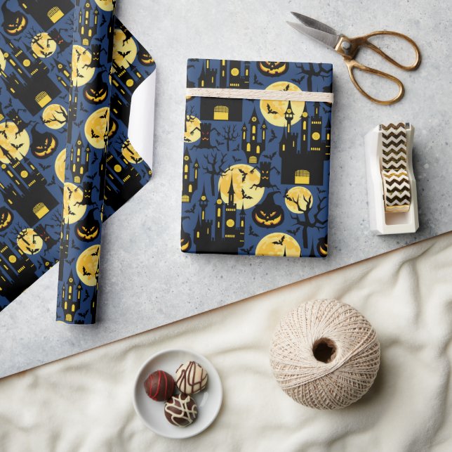 Spooky Halloween Haunted house tiled pattern Wrapping Paper (Crafts)