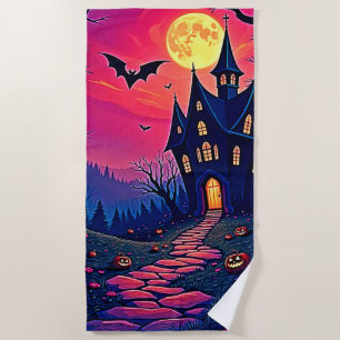 Spooky Halloween Haunted Mansion Art Beach Towel