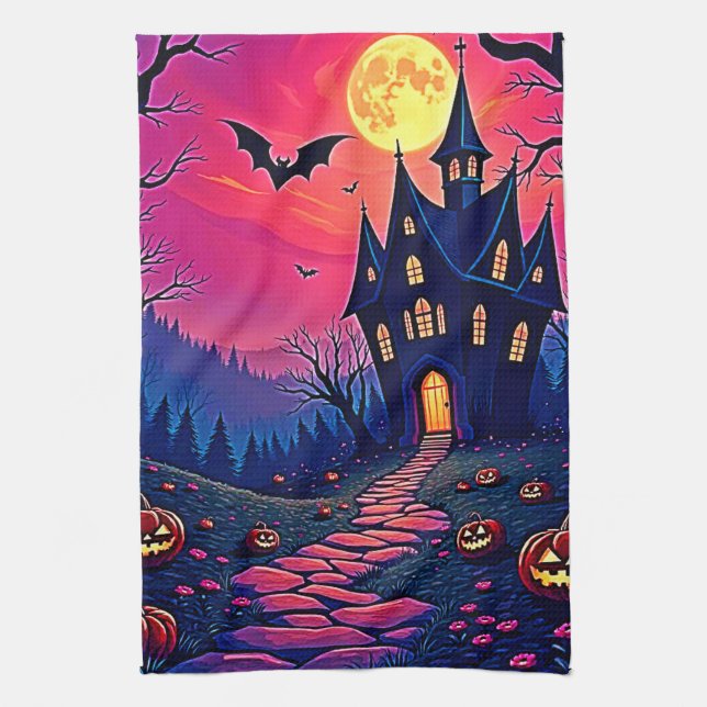 Spooky Halloween Haunted Mansion Art Tea Towel (Vertical)