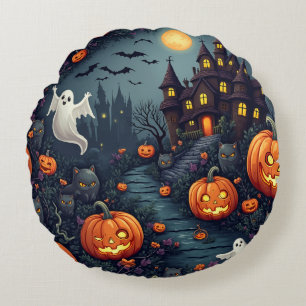Spooky Halloween Haunted Night Round Throw Pillow