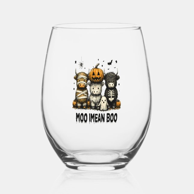 Spooky Halloween Highland Cow Stemless Wine Glass (Front)