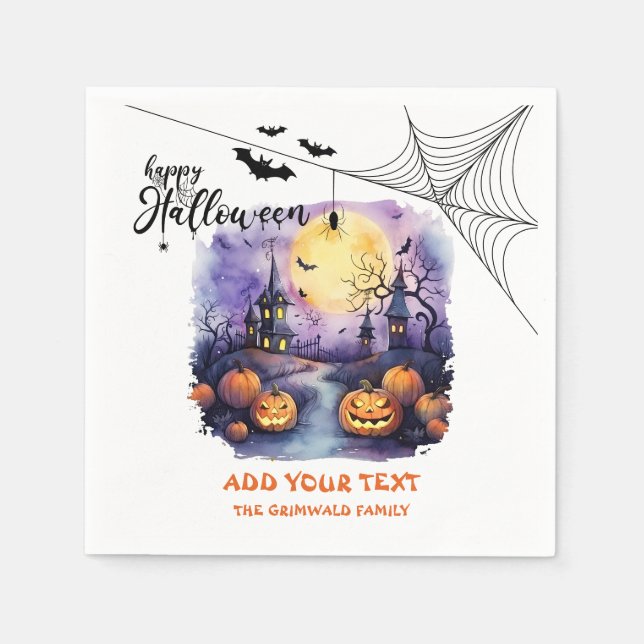 Spooky Halloween House Paper Napkins Customisable  (Front)