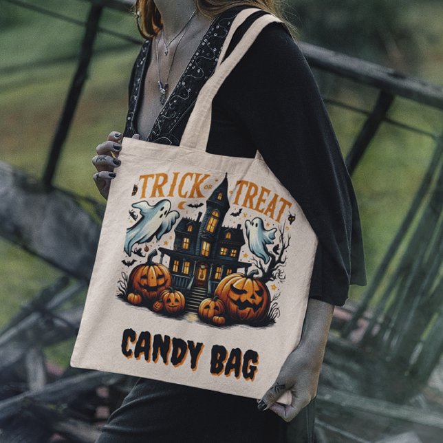Spooky Halloween house with pumpkins at dusk Tote Bag (Creator Uploaded)