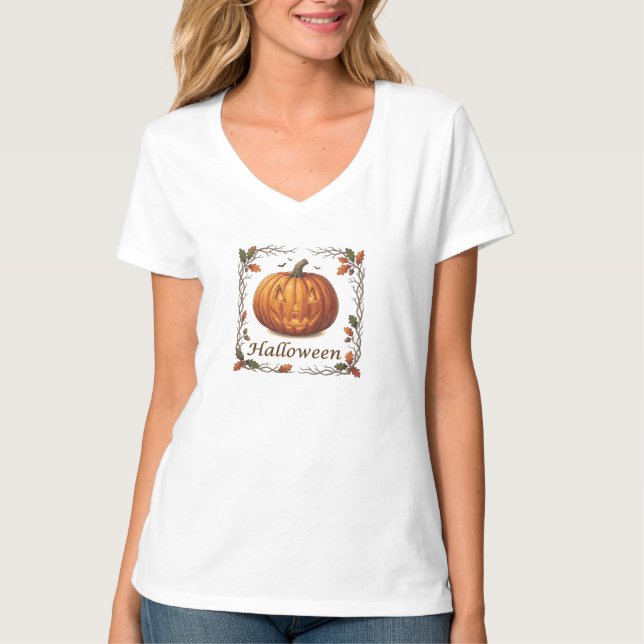 Spooky Halloween Jack-o'-Lantern Autumn Leaf Frame T-Shirt (Front)