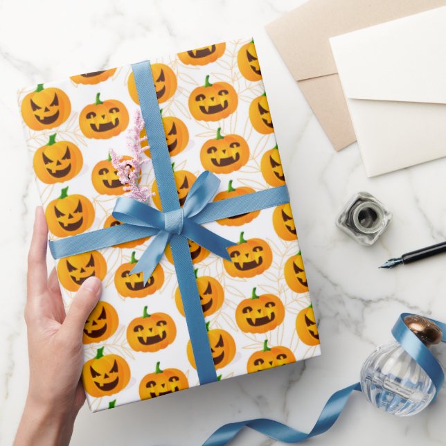 Spooky Halloween Jack O Lantern White Orange Wrapping Paper (Gifting)