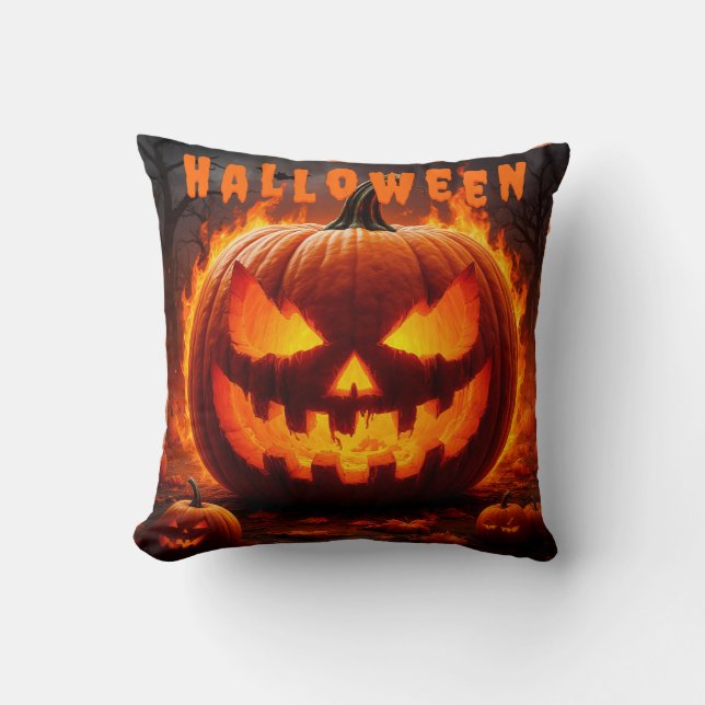 Spooky Halloween Jack-O'-Lantern with Flame Cushion (Front)
