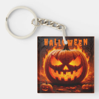 Spooky Halloween Jack-O'-Lantern with Flame Key Ring