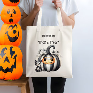 Spooky Halloween Kitten Black Striped Pumpkin Tote Bag