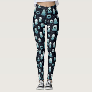 Spooky Halloween Little Ghosts Blue White & Black Leggings
